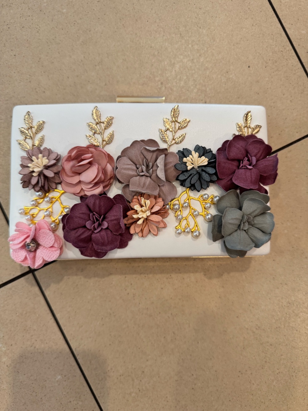 White Floral Appliqué Clutch with Multicolor Fabric Flowers